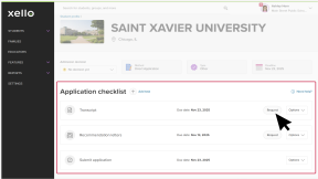 A student's profile in Xello open to a college application. The Application checklist section is highlighted and next to Transcript, the cursor is clicking Request.